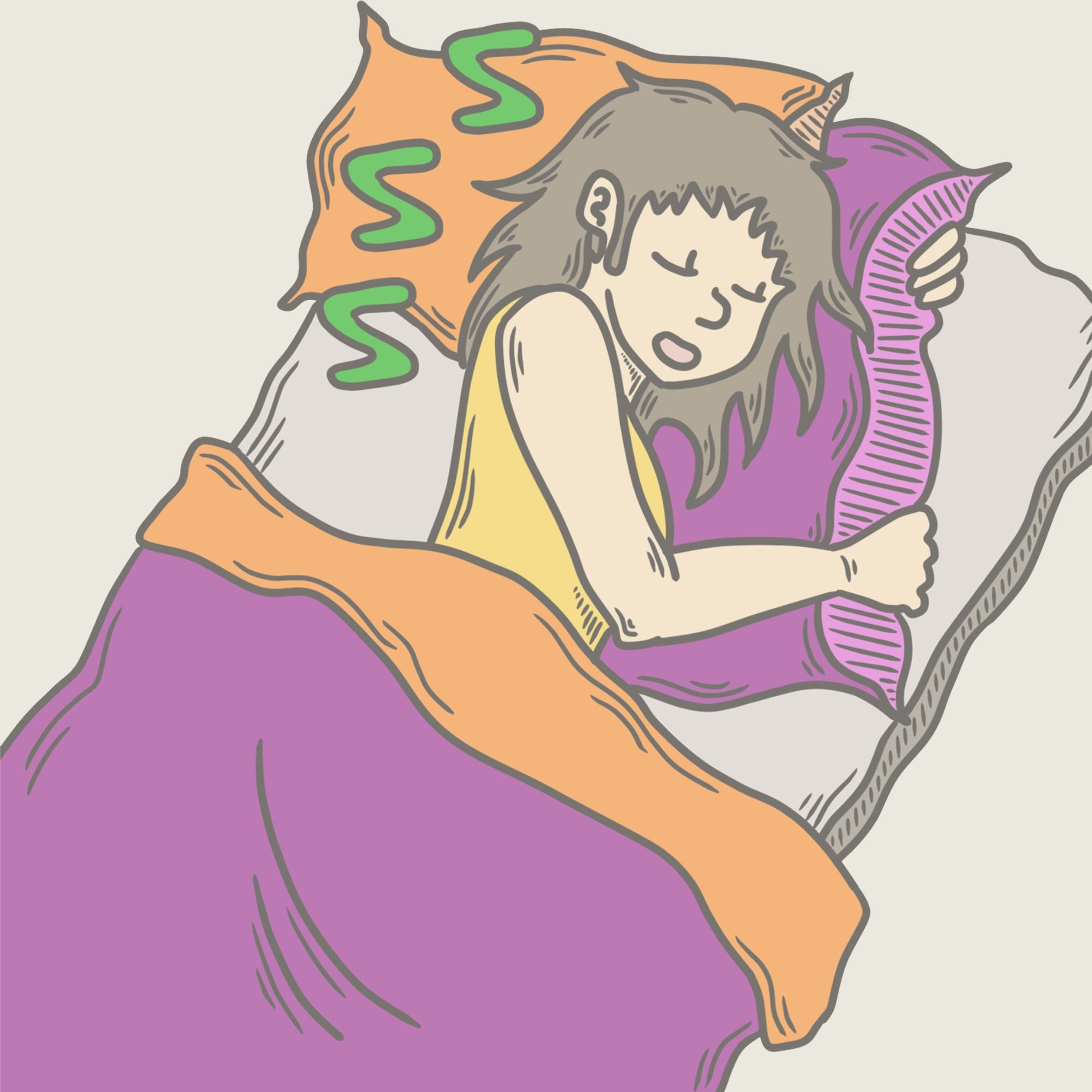 Illustration d'une femme essayant de dormir, l'air fatigué, dans un lit avec des couvertures violettes et orange. À droite, le texte explique que lorsque le sommeil n'est plus réparateur à la ménopause, toute la vie est impactée.