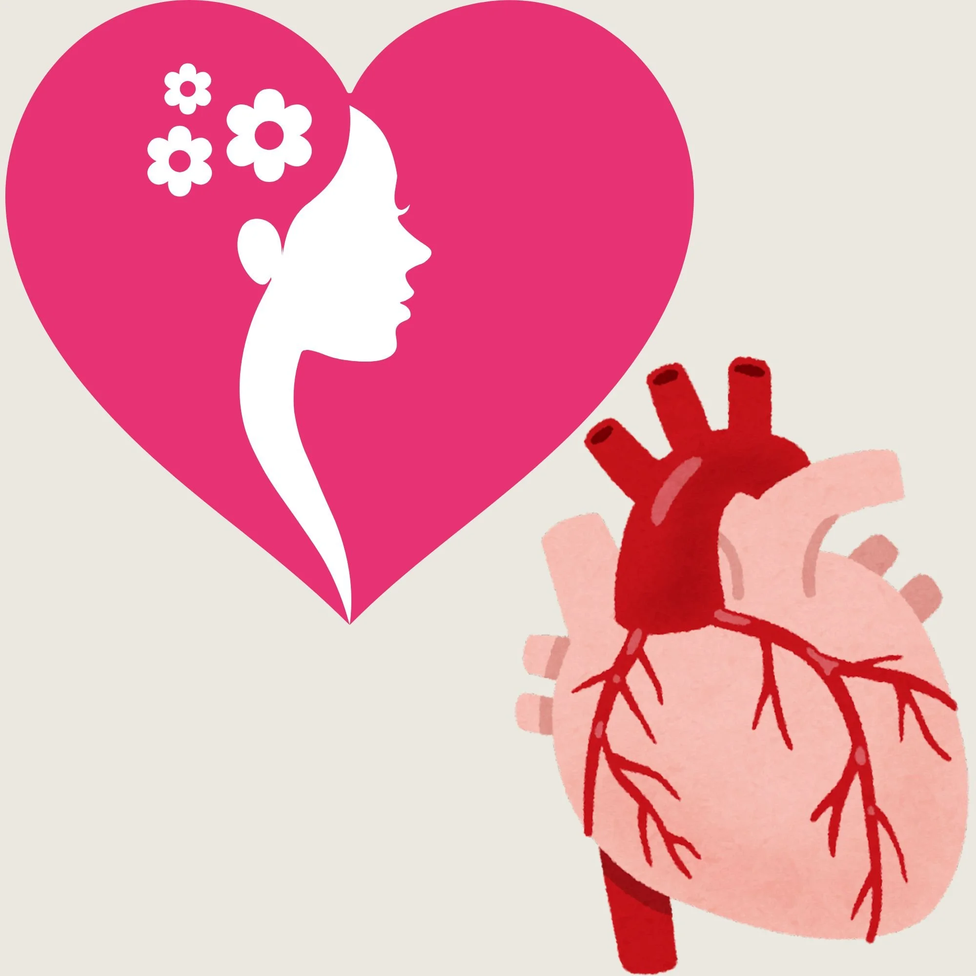 Dessin de la tête d'une femme dans un grand coeur rose en haut à gauche et d'un coeur en bas à droite
