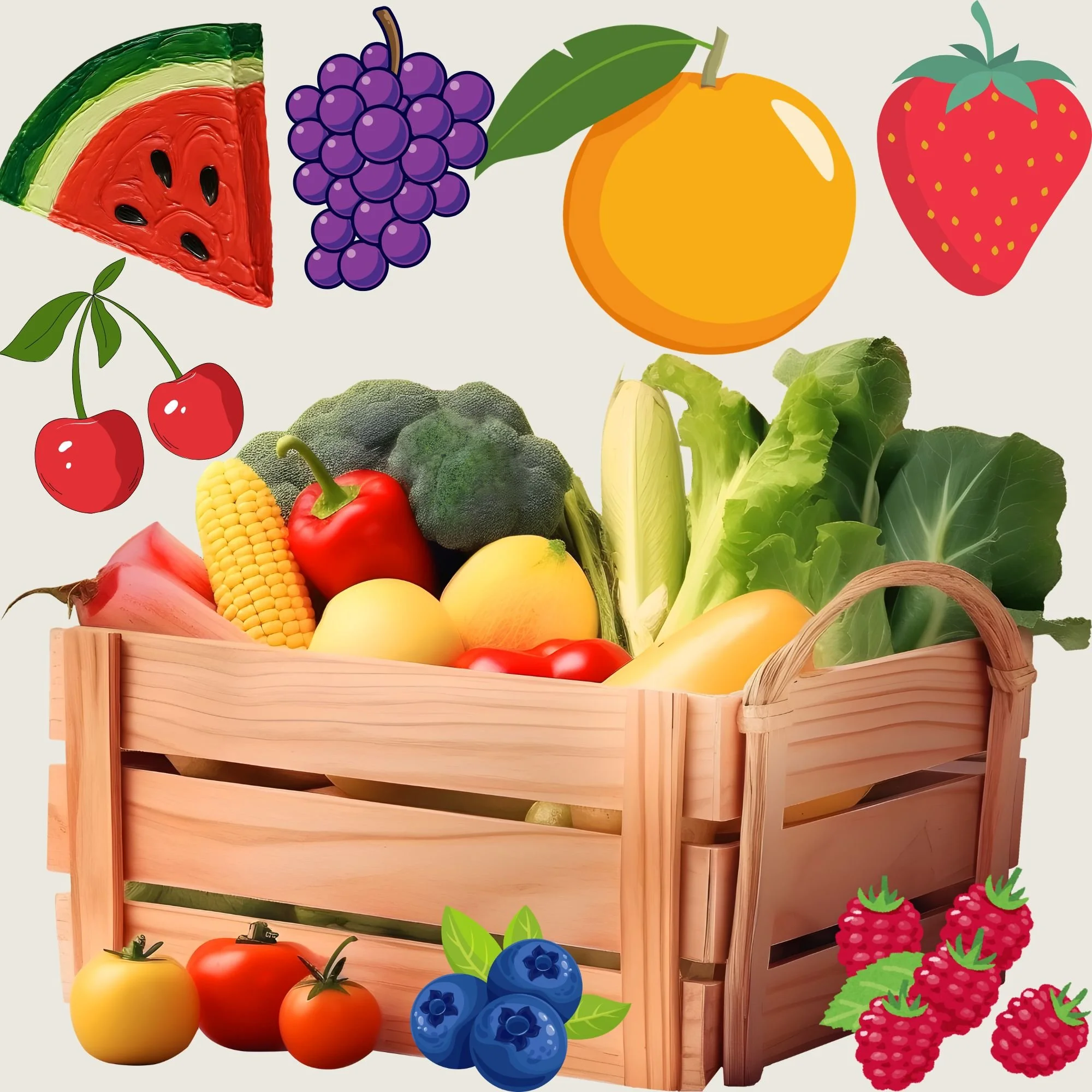 Illustration montrant un cageot en bois rempli de fruits et légumes frais et colorés : tomates, poivrons, maïs, baies et raisins. À droite, le texte indique qu'il est primordial de savoir quoi mettre dans son assiette au moment de la ménopause.