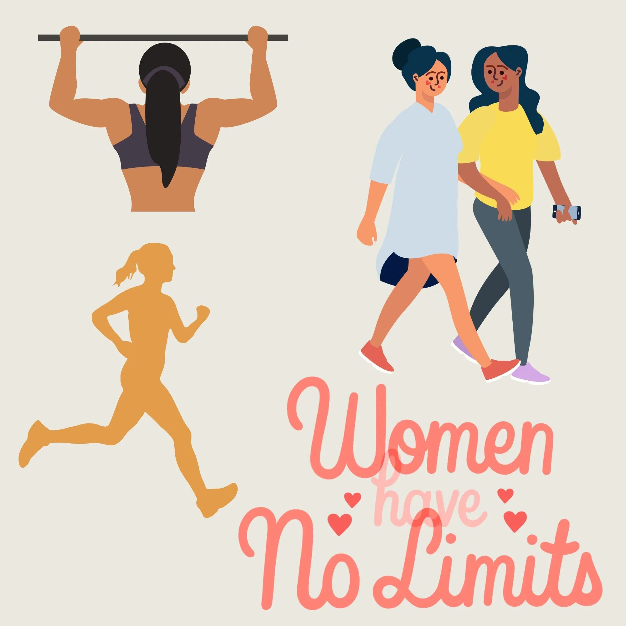 Illustration montrant plusieurs silhouettes de femmes actives : une femme faisant des tractions, deux femmes marchant ensemble et une femme courant.