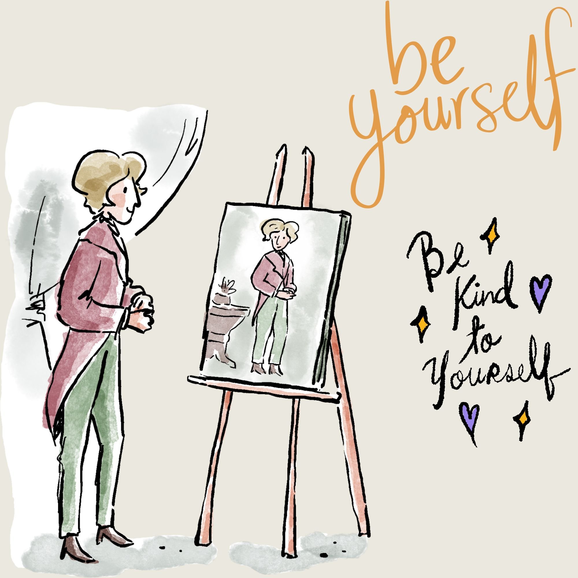 Illustration d'une femme devant un chevalet de peinture, avec l'inscription manuscrite 'be yourself' et 'be kind to yourself'. À droite, un texte interroge sur la marche à suivre quand l'incertitude s'invite au travail pendant la ménopause.