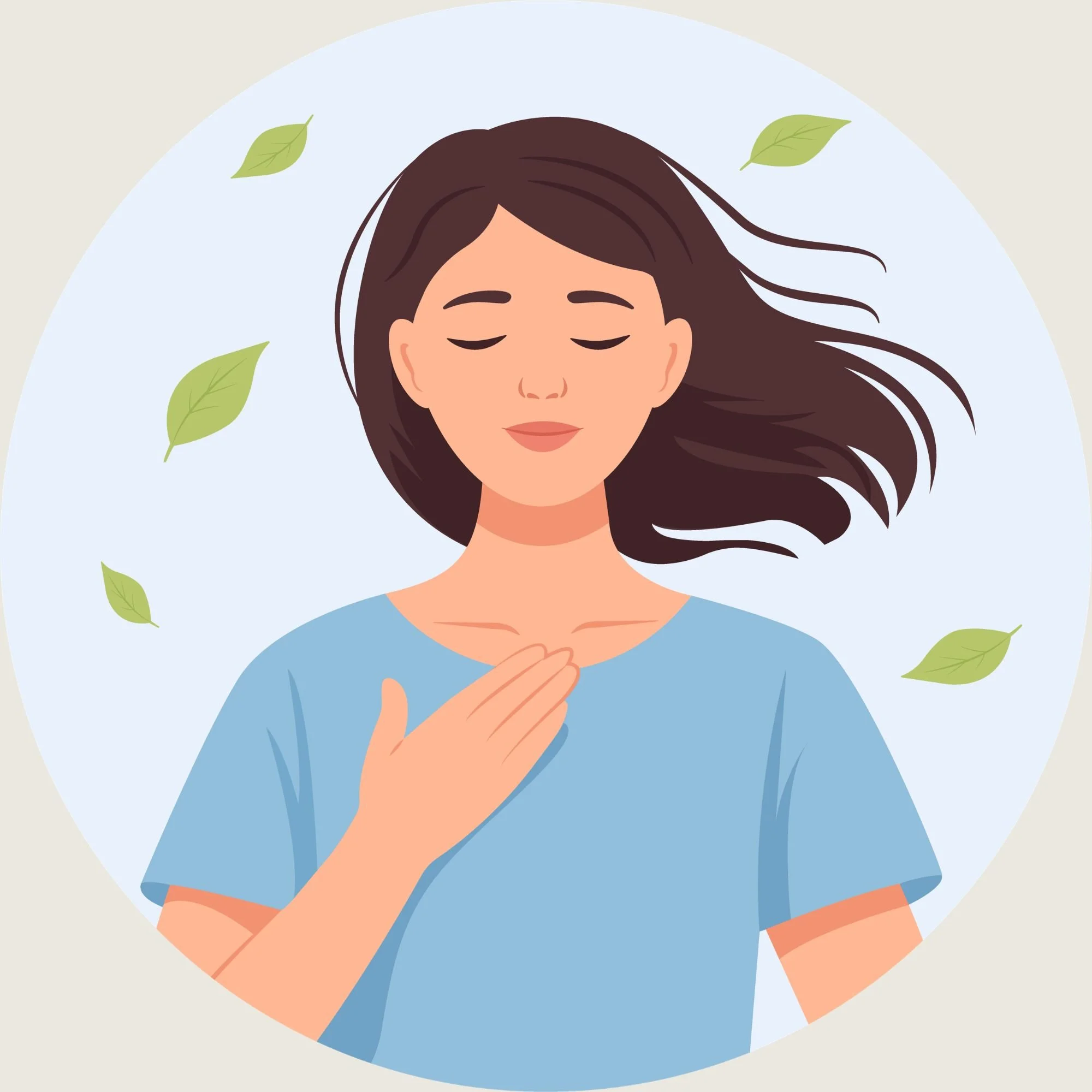 Illustration montrant une femme avec la main sur le cœur et les yeux fermés, entourée de feuilles emportées par le vent.