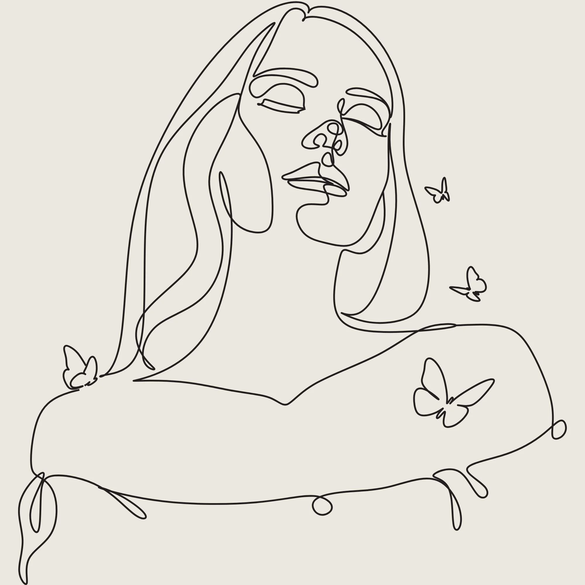 Dessin minimaliste au trait noir montrant le profil d'une femme sereine, les yeux fermés, avec des papillons délicats volant autour de son épaule et de sa chevelure.