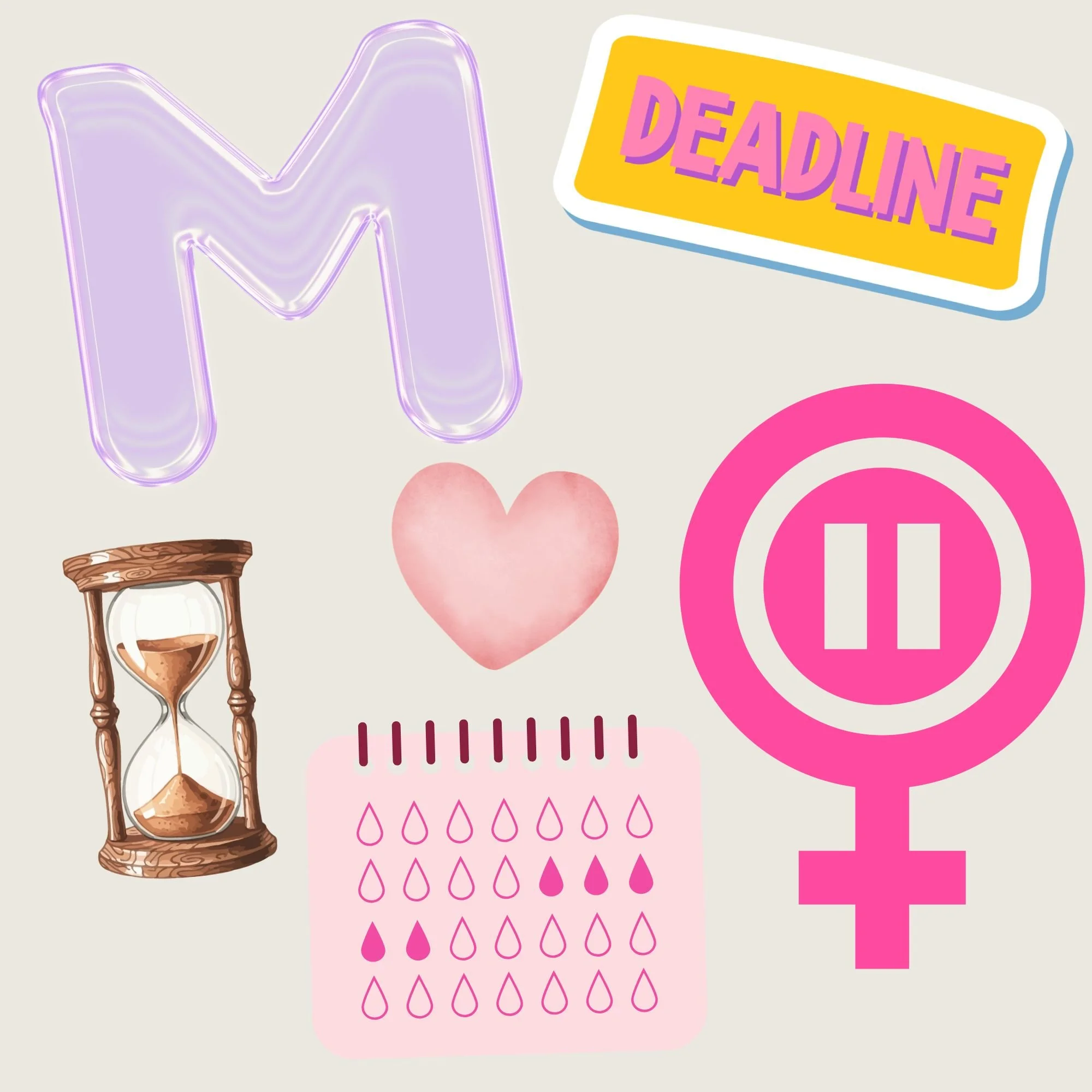Illustration pédagogique présentant le titre 'Les mouvements hormonaux'. À gauche, des icônes symboliques : un sablier, un cœur rose, un calendrier et le symbole féminin avec un bouton pause, illustrant les changements de la ménopause.