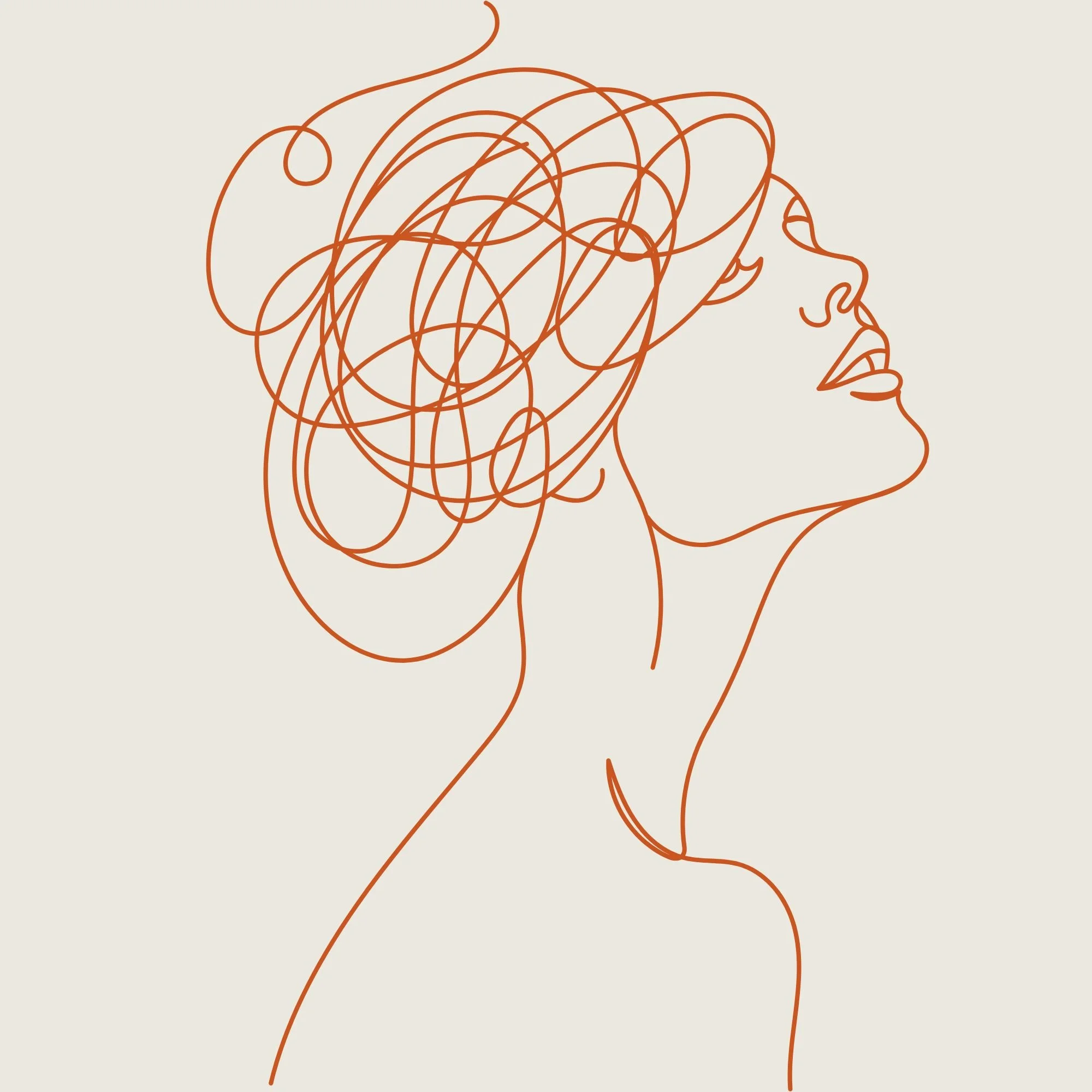 Dessin au trait orange montrant le profil d'une femme regardant vers le haut, avec des lignes entremêlées au-dessus de sa tête symbolisant un cheminement intérieur.