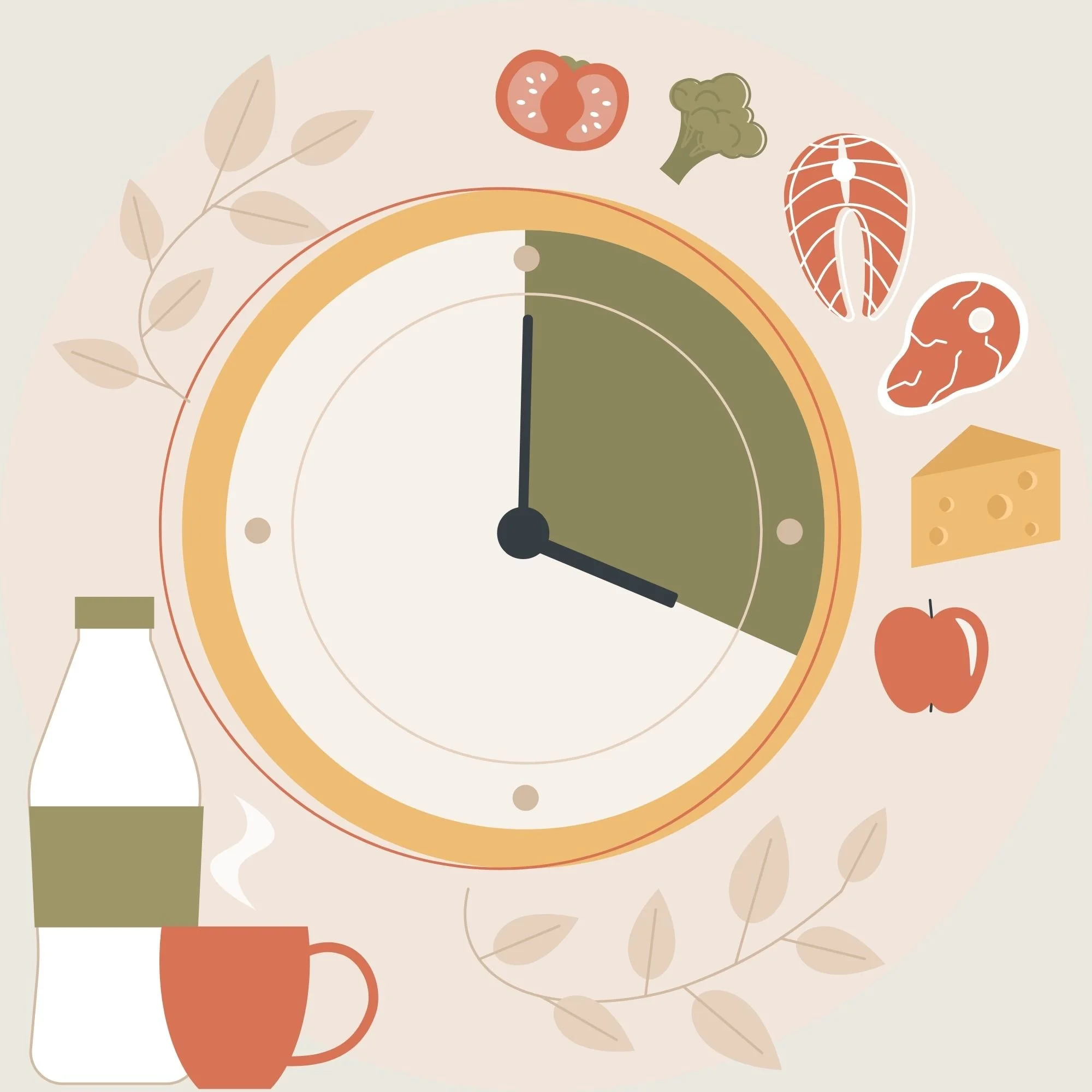 Une horloge montre qu'il faut attendre 16h pour remanger et il y a des aliments sur la droite et une bouteille et une tasse à gauche