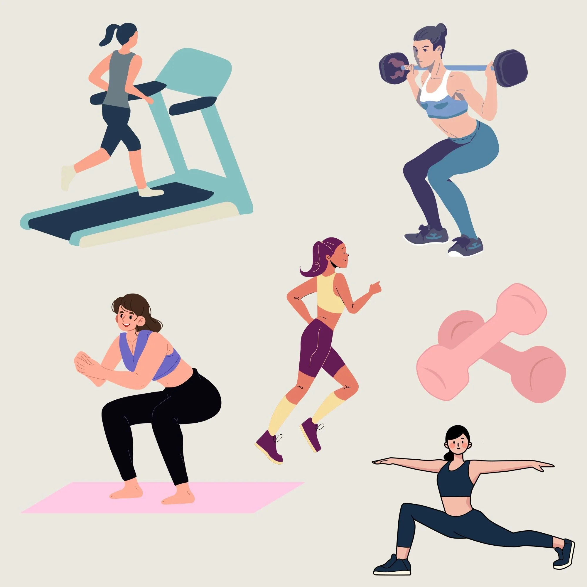 Dessin avec des poids et altères roses et 5 femmes qui font des étirements, courent, font des squats