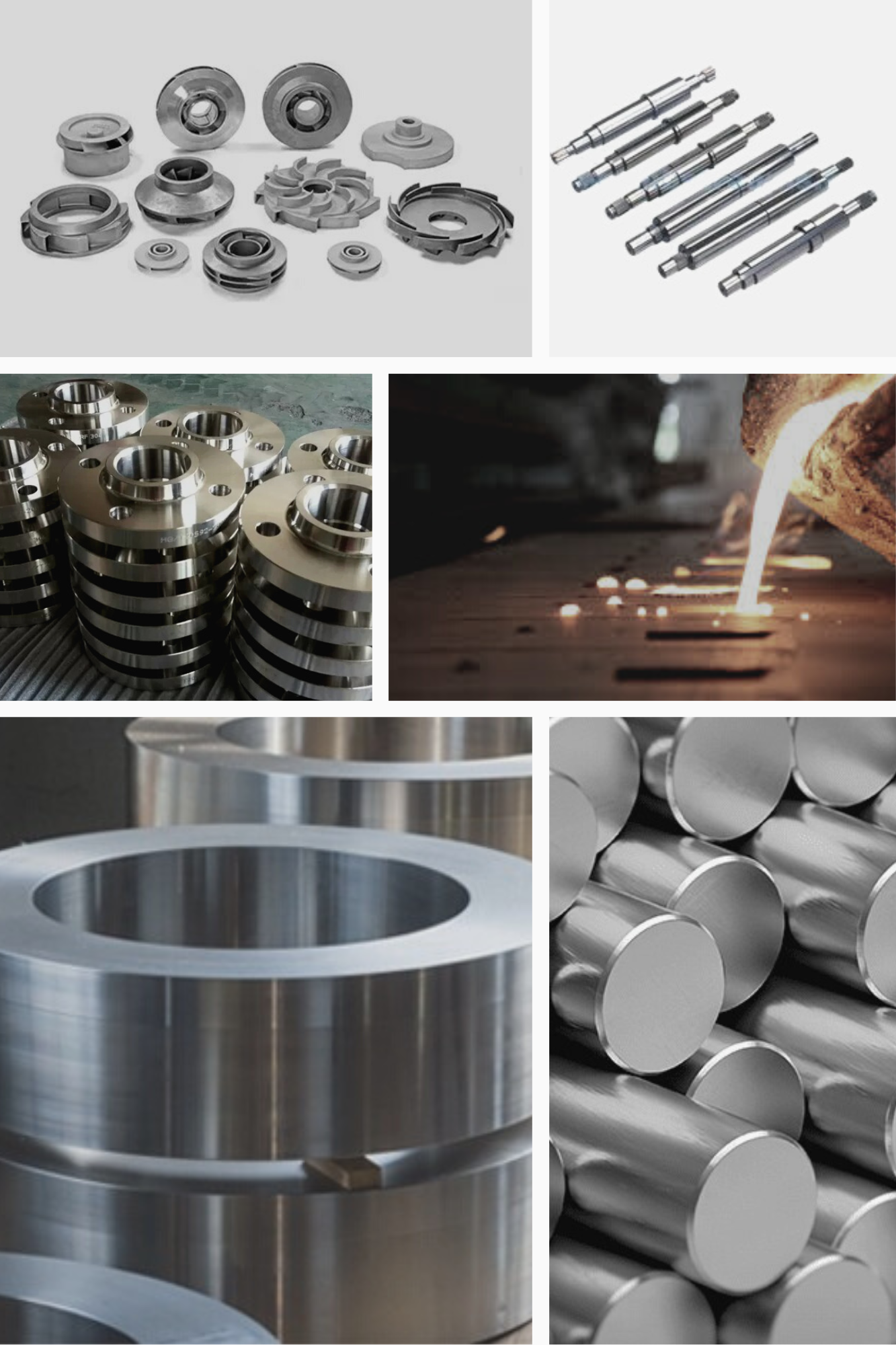 collage of forgings, castings, stainless steel bright bars, stainless steel flanges & pump shaft