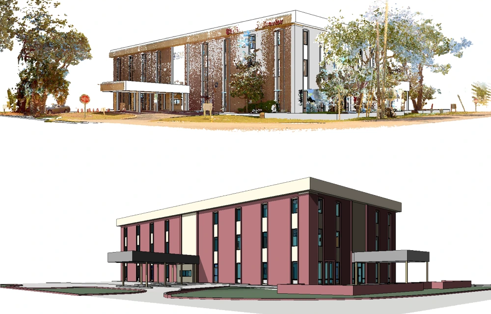 Digital renderings of two modern multi-story buildings, one above the other, with trees and landscaping surrounding them.