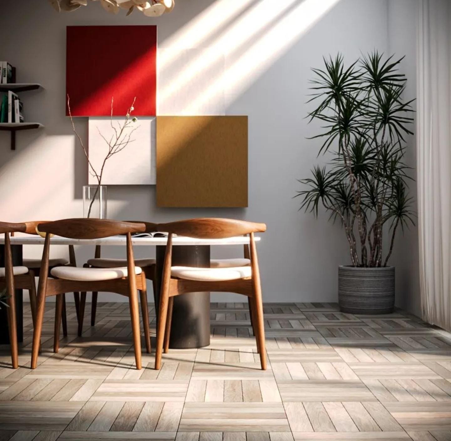 Modern dining room with wooden table surrounded by six chairs, a tall potted plant, geometric wall art, and sunlight streaming through curtains.