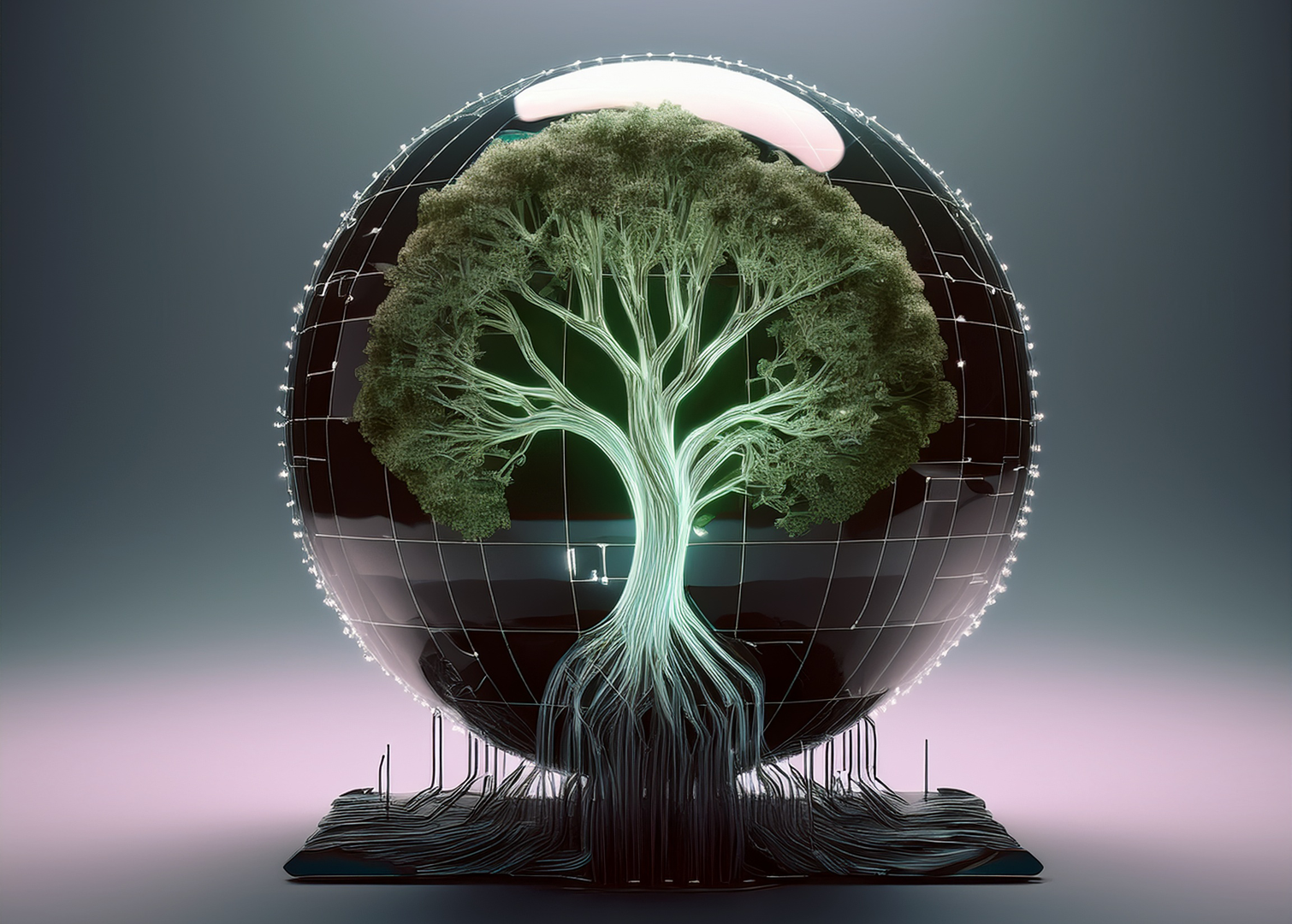 A digital illustration of a glowing tree inside a transparent globe with grid lines, representing environmental consciousness and technology.