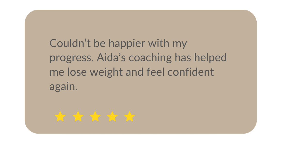 A quote card with a beige background displaying a positive review about coaching, with five yellow stars below the text.