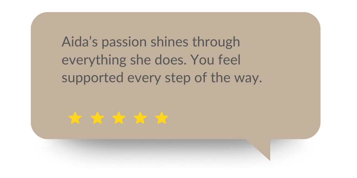 Quote about Aida's passion and support, with a 5-star rating beneath.