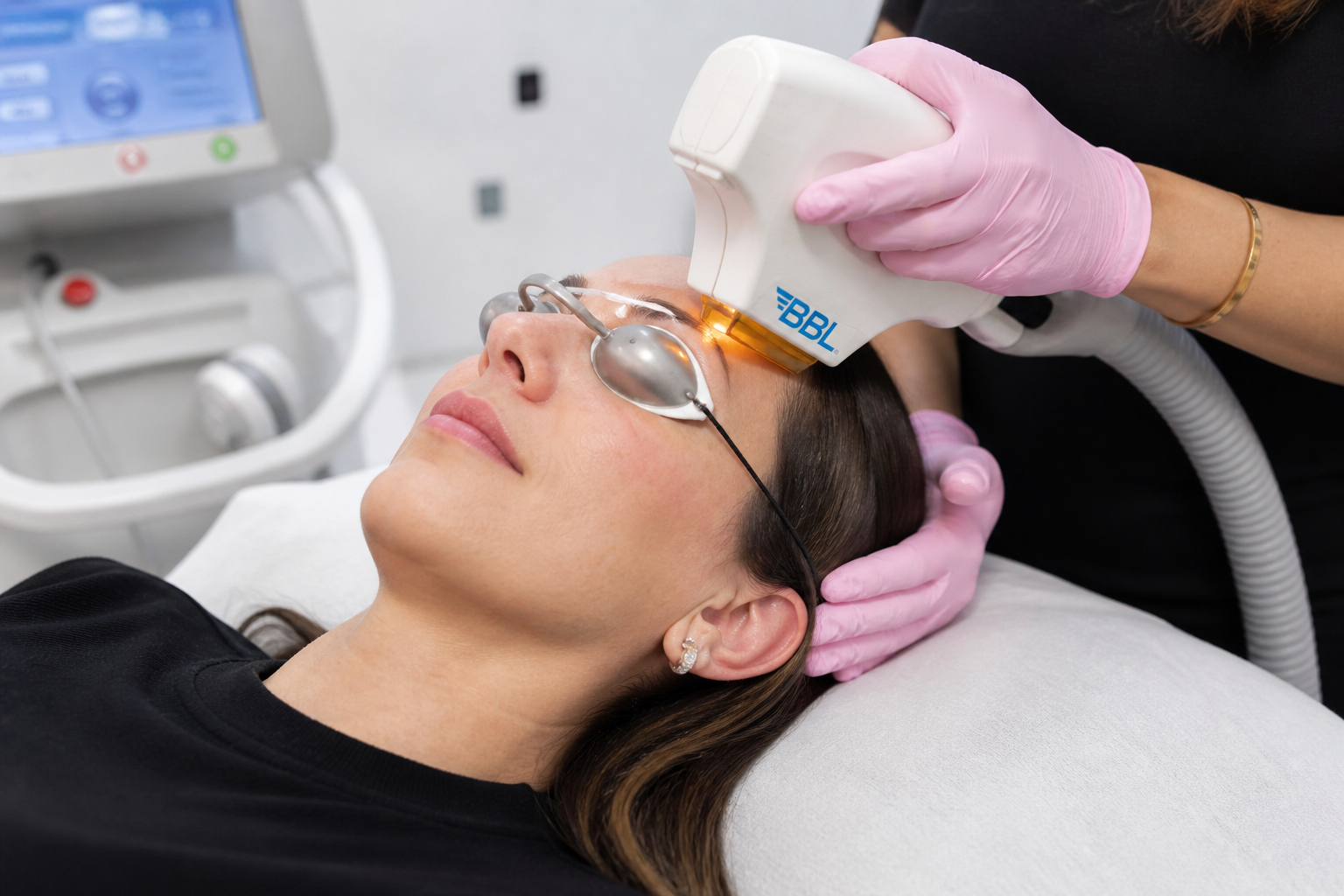 A woman is lying down with protective eye goggles on during a dermatological or cosmetic treatment. A practitioner wearing pink gloves is holding a laser device to her forehead, and a medical machine with a screen is visible nearby.