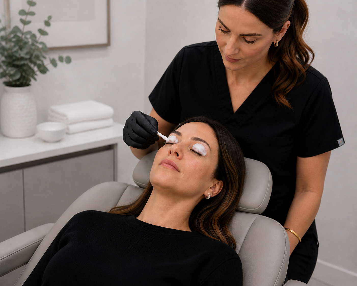 A woman receiving eyelash extension treatment from a professional in a spa or clinic setting.