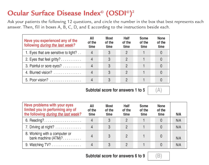 Ocular Surface Disease Index questionnaire with two sections, one about eye sensitivity and irritation, the other about eye problems, with instructions to ask patients questions and mark responses based on the last week.