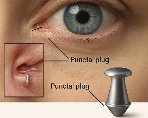Close-up of a human eye with an inset showing a pierced earlobe with a punctal plug inserted, and an illustration of a punctal plug device.