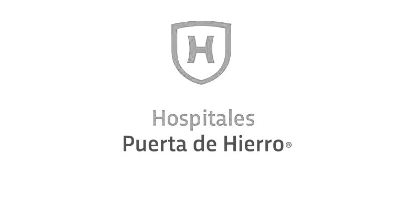 Logotipo de Hospitales Puerta de Hierro con un escudo con una H en el centro y el nombre en letras grises.
