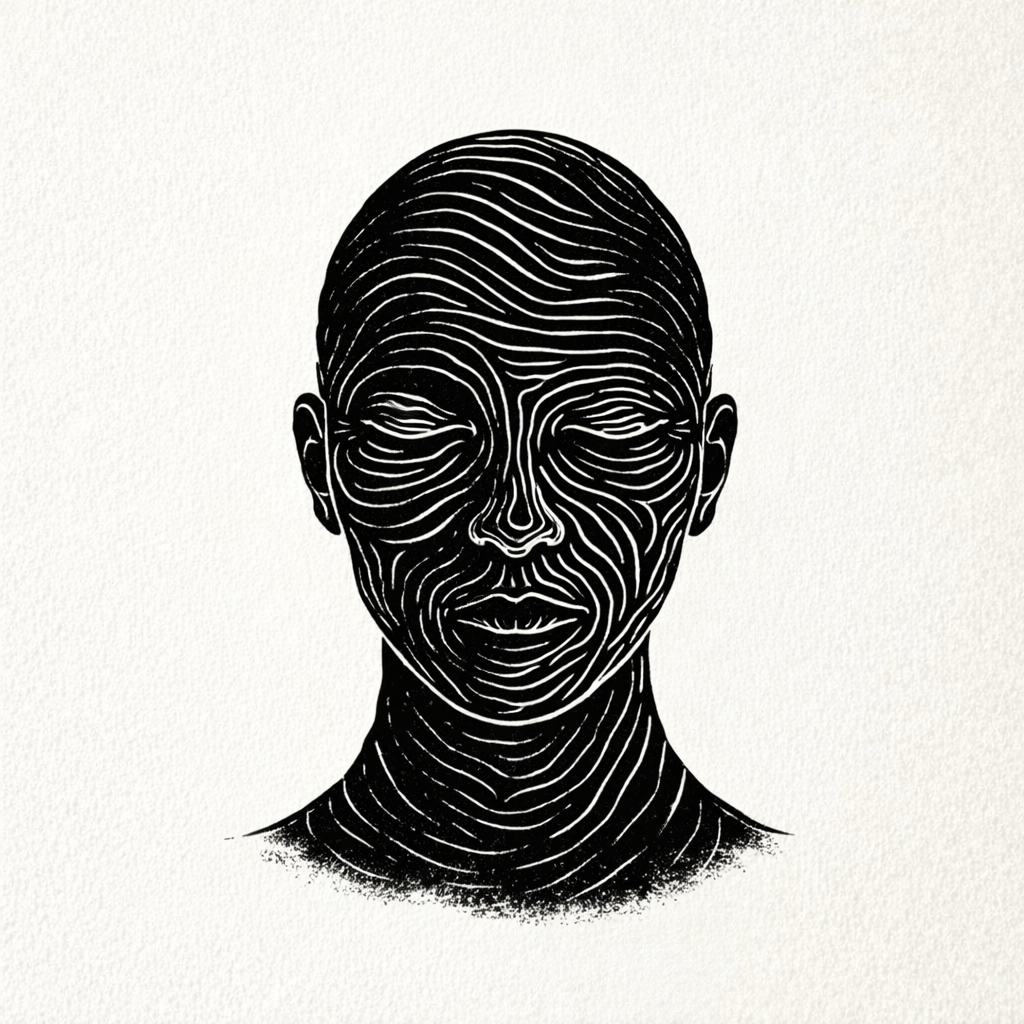 Ilustración en blanco y negro de un rostro femenino con líneas que representan contornos y detalles faciales, sin ojos visibles, sobre fondo claro.