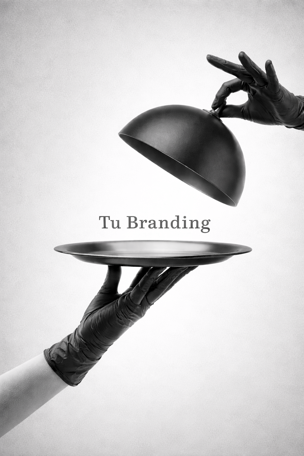 Manos con guantes negros sosteniendo platos y una tapa en forma de media esfera, con el texto 'Tu Branding'.