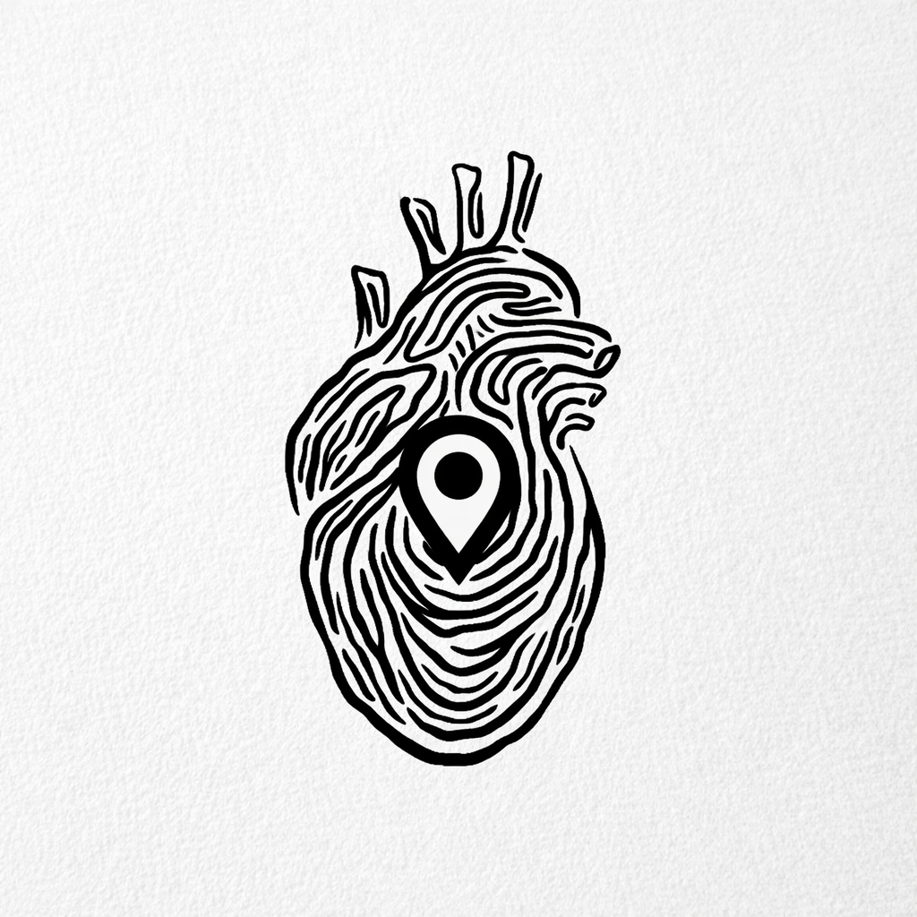 Dibujo en blanco y negro de un corazón humano con un icono de ubicación en el centro, estilo líneas con diseño artístico.