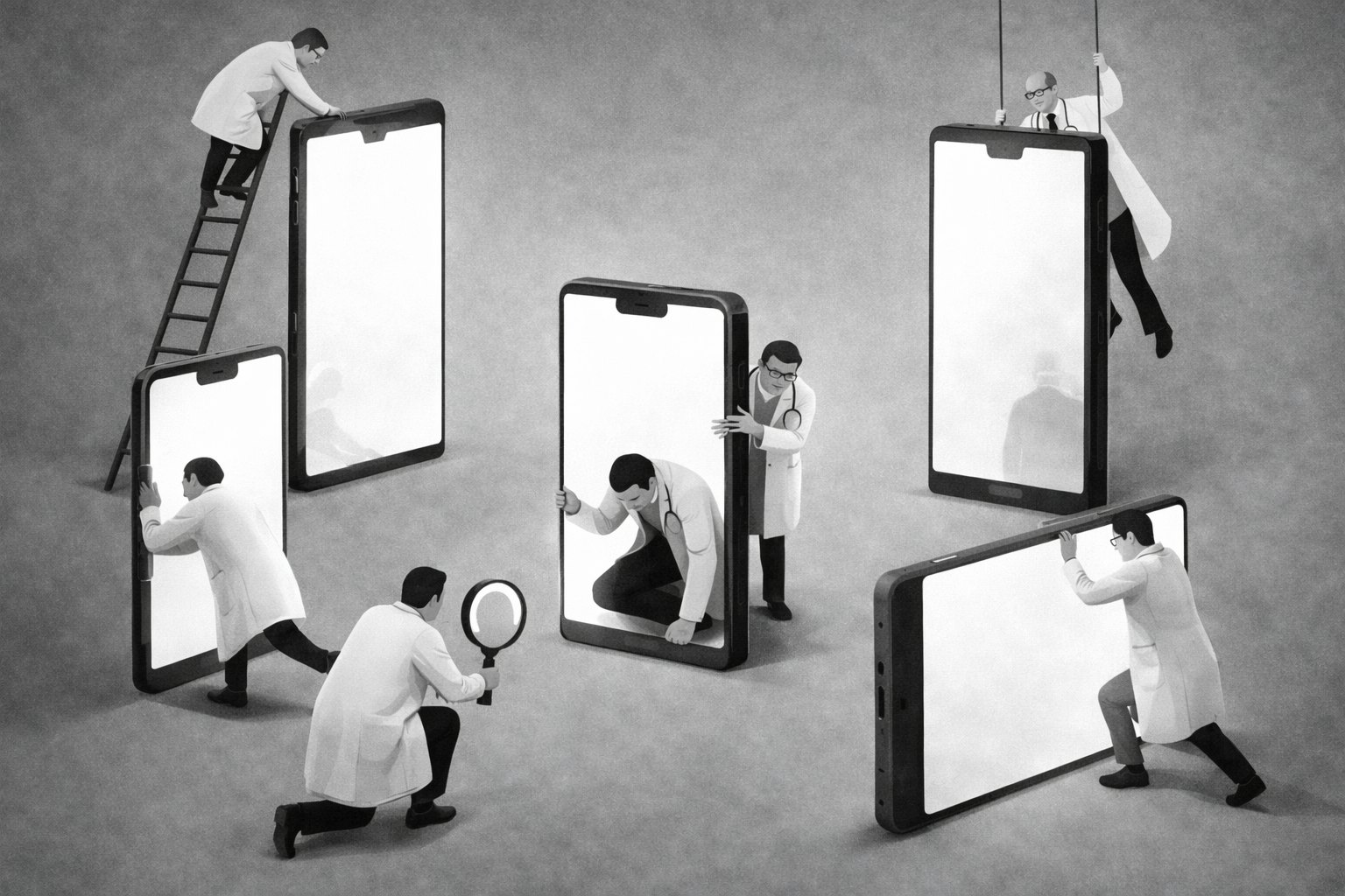 Ilustración en blanco y negro de varios médicos y científicas en diferentes posiciones interactuando con grandes teléfonos inteligentes en un entorno digital, simbolizando la tecnología y la medicina.