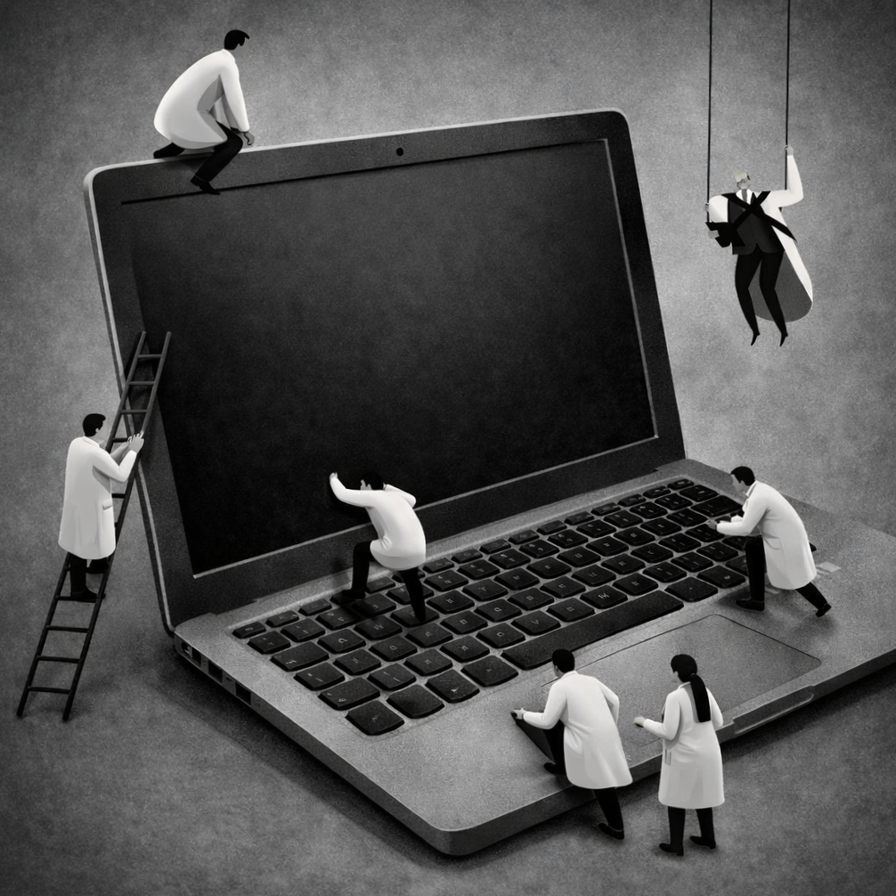 Ilustración en blanco y negro de personas en batas blancas trabajando en una laptop gigante, con algunos escalando, otros en movimiento o usando dispositivos.