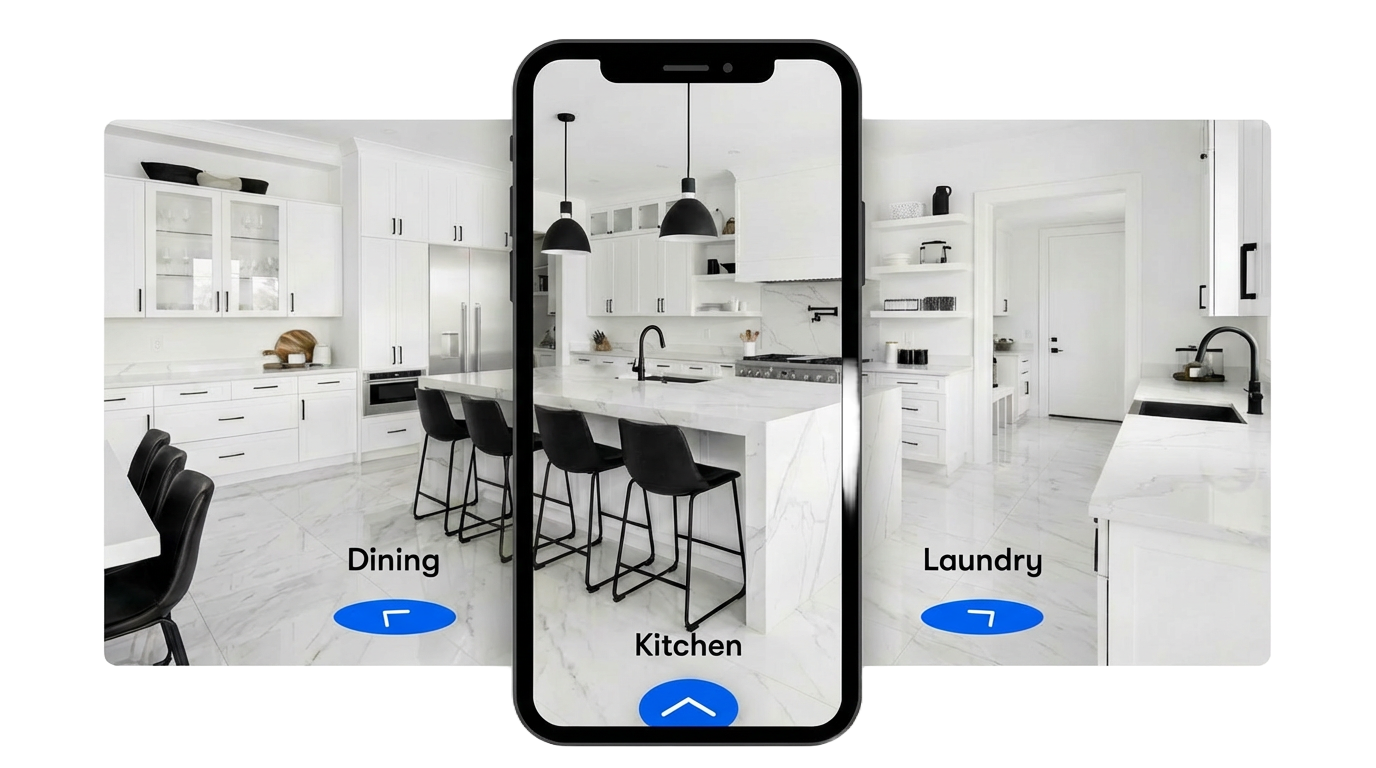 A modern, minimalist white kitchen with black accents, featuring a kitchen island with four black bar stools, pendant lights, and open shelving. The photo is viewed through a smartphone screen with labels for 'Dining,' 'Kitchen,' and 'Laundry' areas.