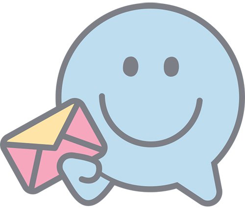 Cartoon blue speech bubble character holding a pink envelope with a smiling face.