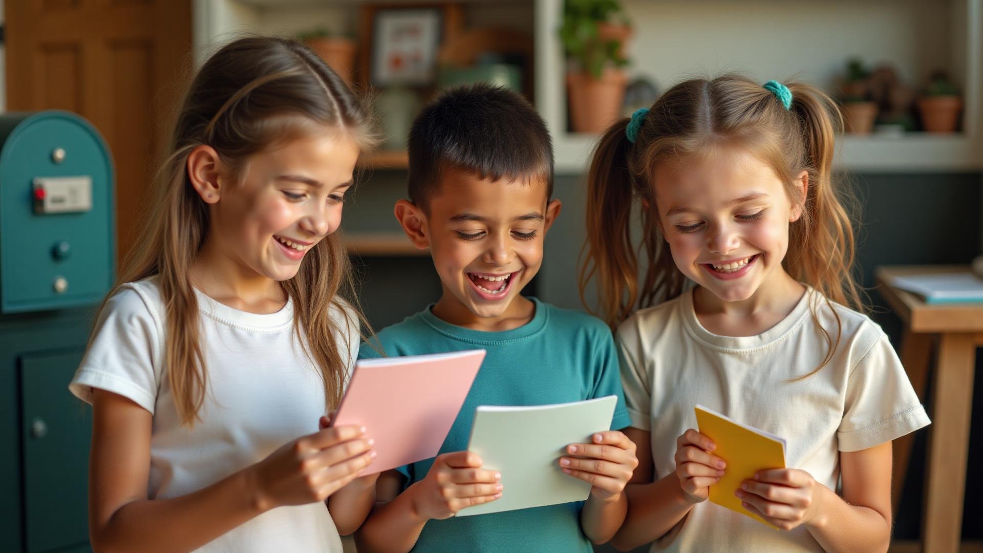 Three children, two girls and one boy, smiling and laughing while looking at papers or cards they are holding in a classroom setting.