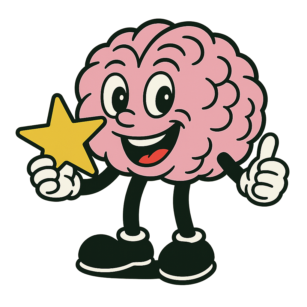 A cartoon illustration of a pink brain with eyes, a smiling mouth, and limbs, holding a yellow star in one hand and giving a thumbs-up with the other.