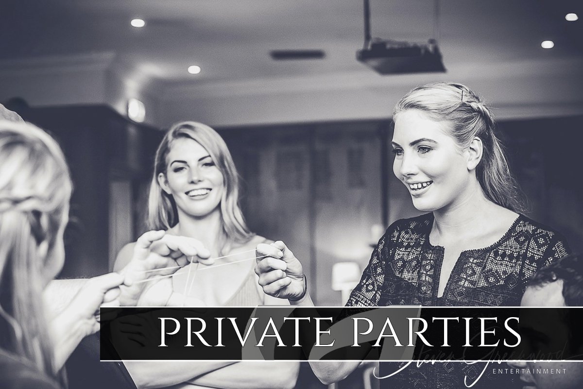 A group of women smiling and talking at a private party with a sign that says 'PRIVATE PARTIES' in front.
