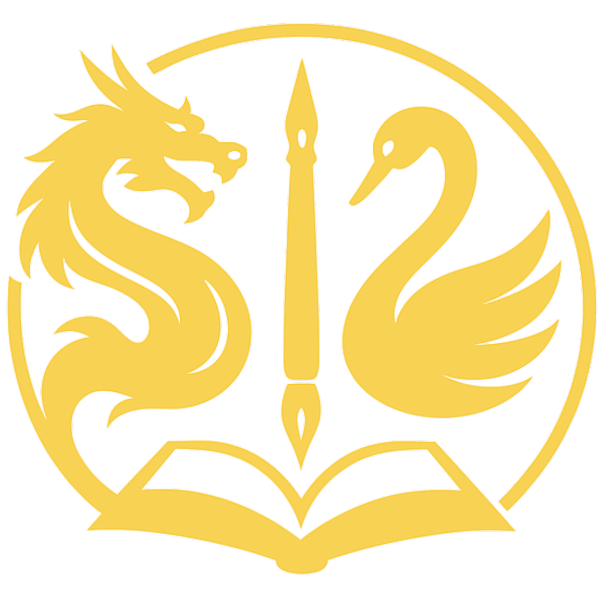 Gold emblem with a dragon on the left, a swan on the right, an open book at the bottom, and a vertical quill in the center.