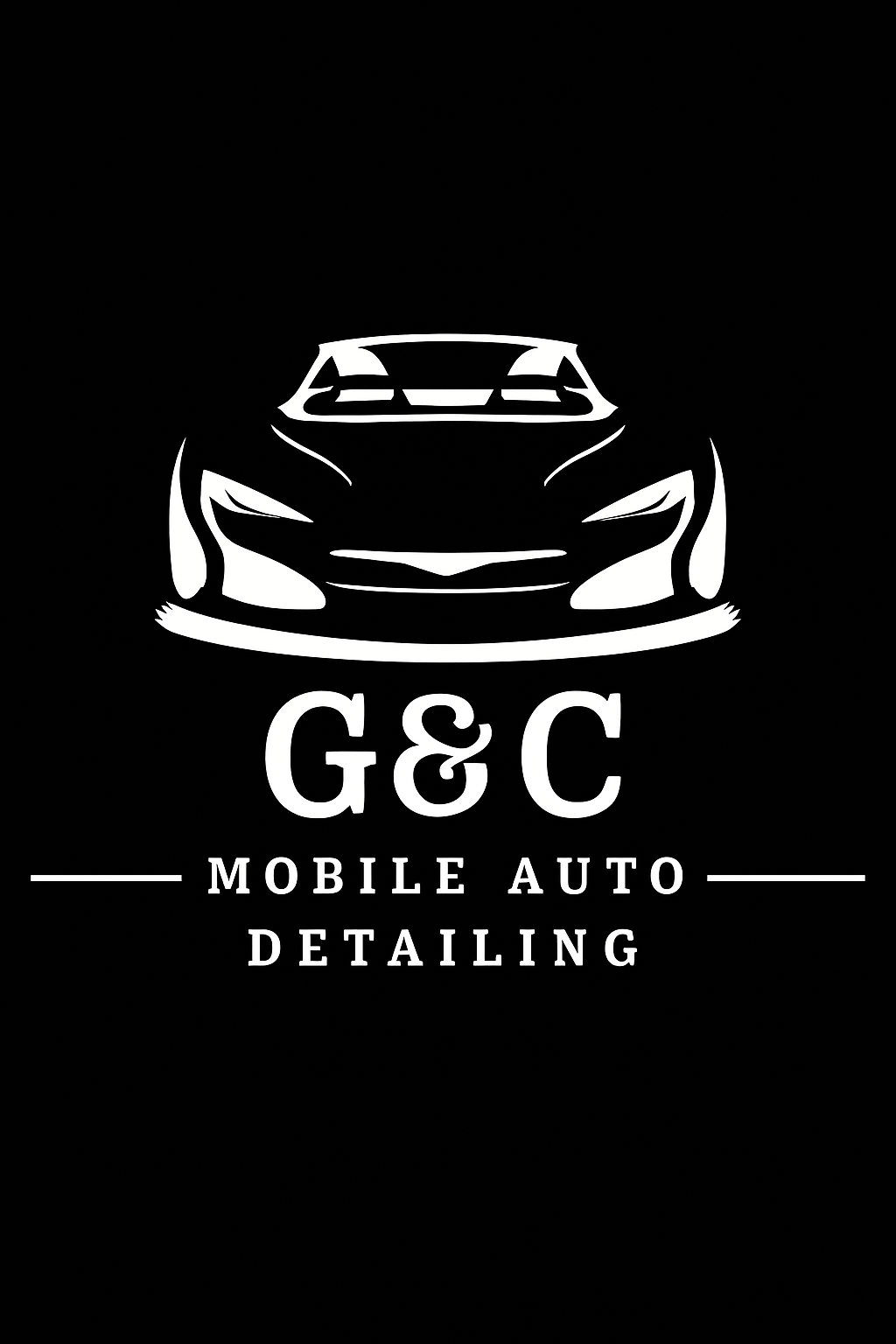 Black background with a white minimalist outline of a car and the text 'G&C Mobile Auto Detailing'.