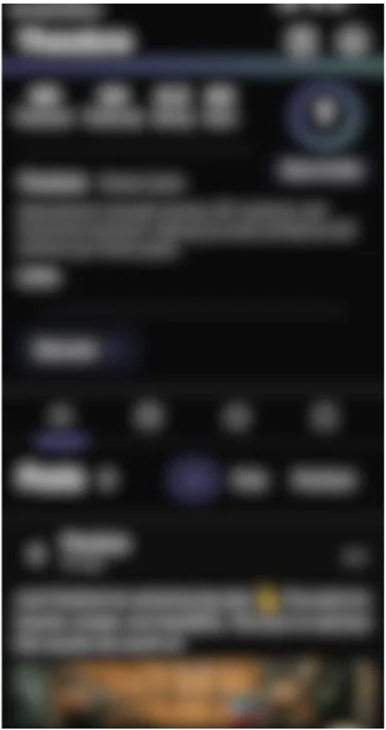 A blurred screenshot of a mobile app or website with various icons, buttons, and text in dark mode, including a scroll bar and a navigation menu at the bottom.