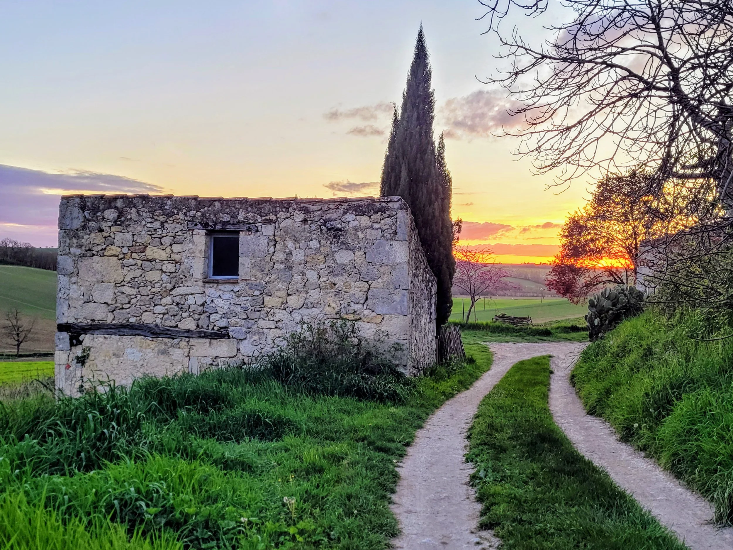 A typical Gersoise rustic stone building beside a dirt path in a rural landscape at sunset, with cypress trees, green grass, and rolling hills.