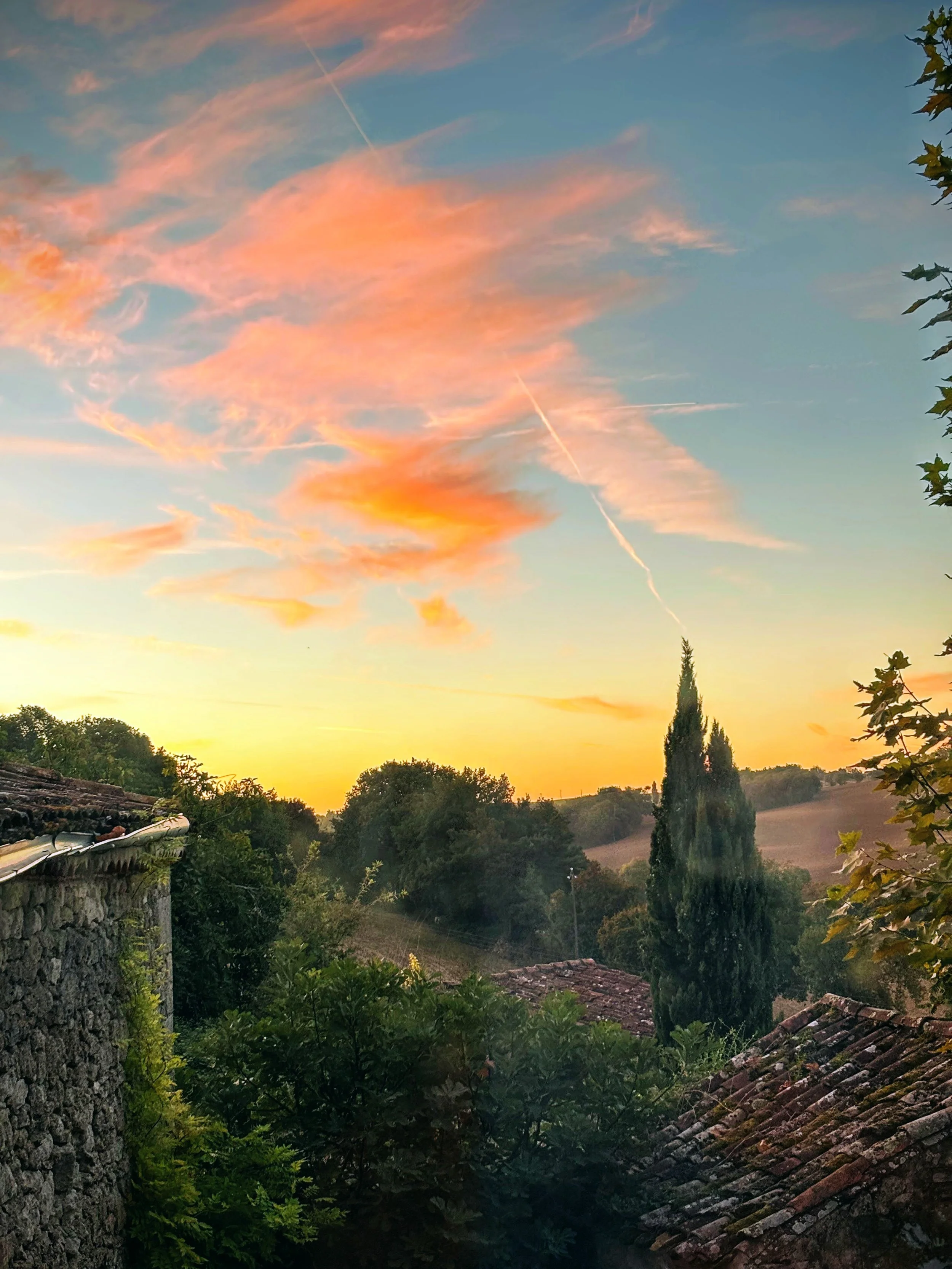 Sunset over a rural landscape with trees and tiled rooftops, sky painted with pink and orange clouds and contrails.