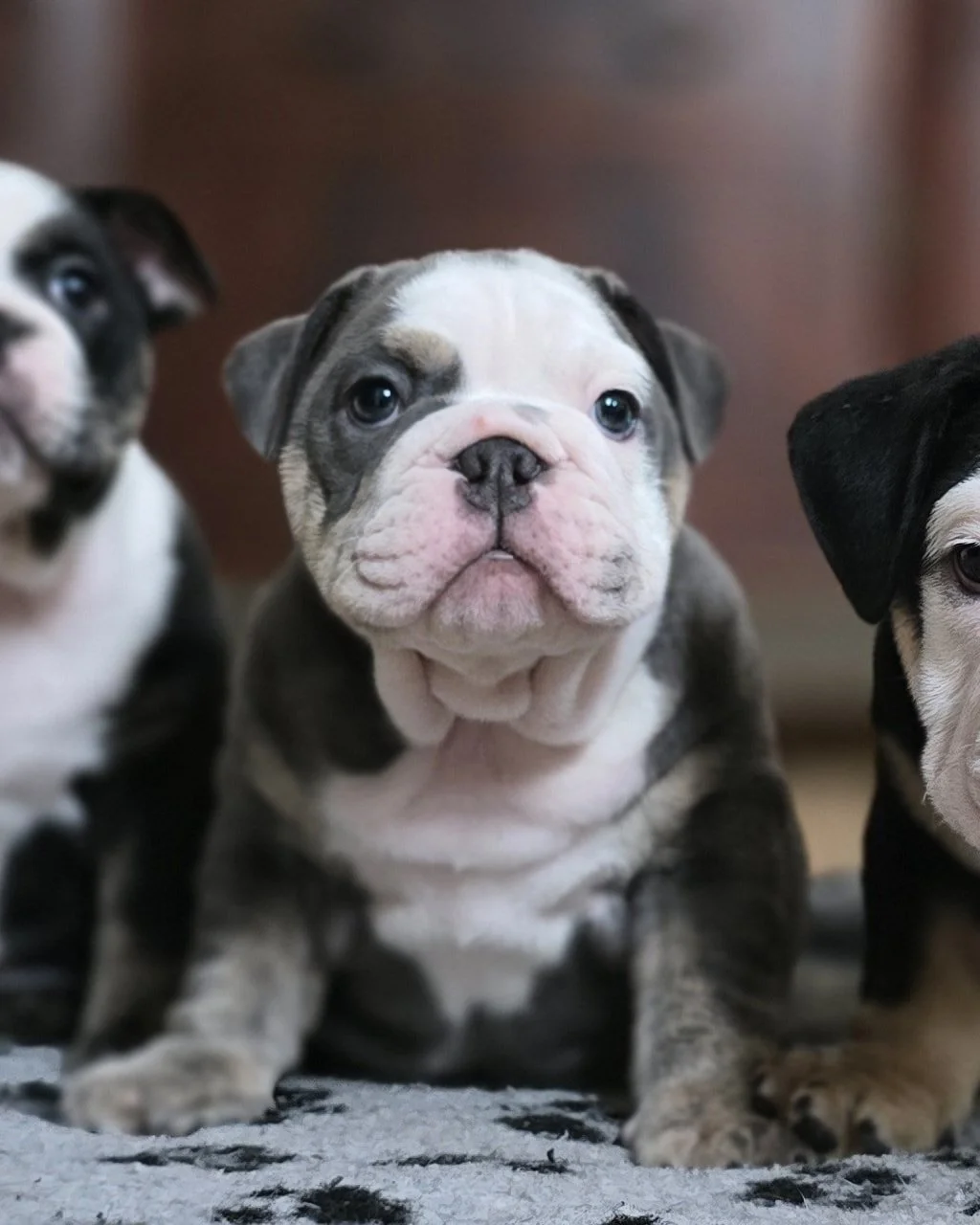 Three adorable puppies, including a center bulldog with a white face and gray spotted body, sitting on a black and white patterned surface indoors.
