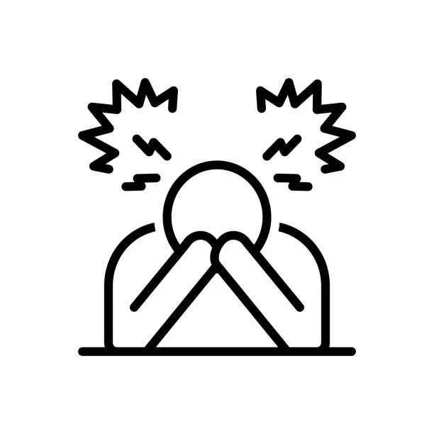 Line drawing of person holding their head with lightning bolts indicating pain or headache.