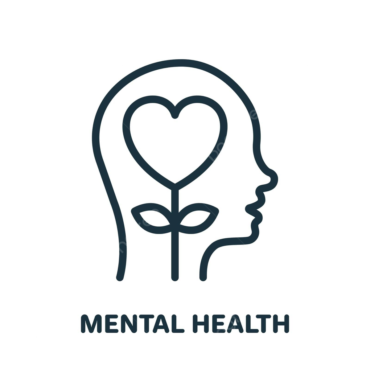 Line drawing of a person's profile with a heart-shaped flower inside the head, labeled 'MENTAL HEALTH'