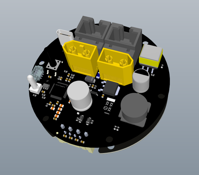 A circular electronic circuit board with various components, including yellow terminal blocks, capacitors, and integrated circuits.
