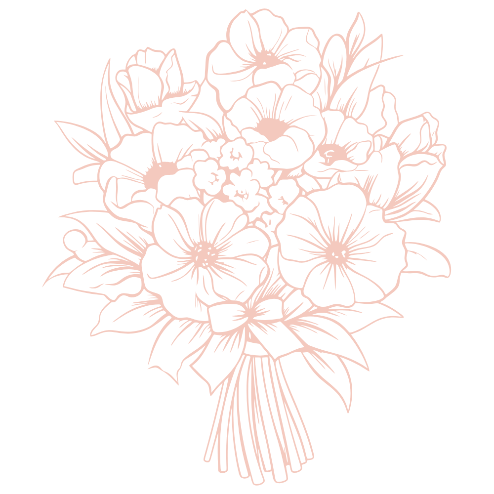 Line drawing of a bouquet of flowers with a bow against a black background.