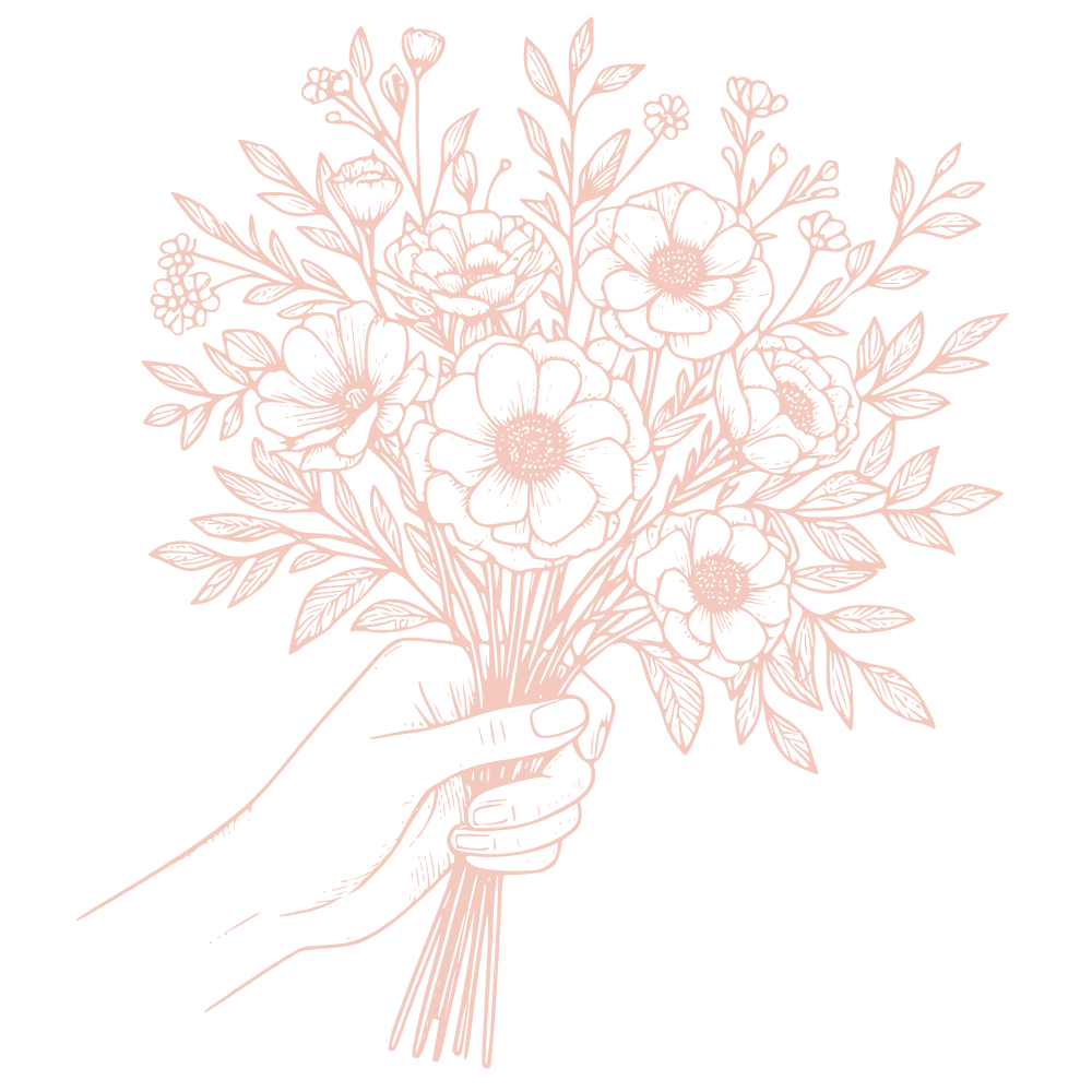Line drawing of a hand holding a bouquet of detailed flowers and leaves against a black background.