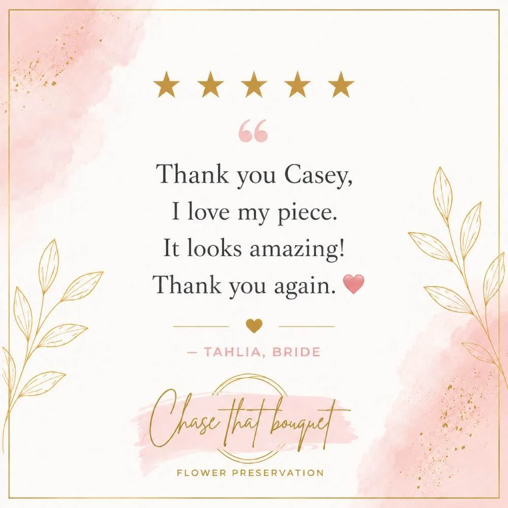 A thank you card with a pink and white watercolor background, gold accents, five gold stars at the top, and botanical line drawings of leaves on the sides. The card includes a message expressing gratitude for a flower bouquet order.