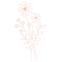 A simple line drawing of a bouquet of flowers with a large flower at the top and other smaller flowers and leaves.