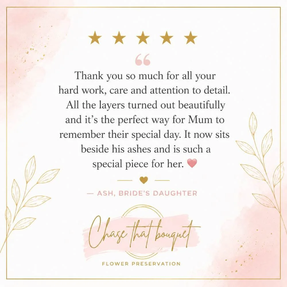 A thank you note for floral preservation services, with gold stars, decorative leaves, and soft pink watercolor accents.