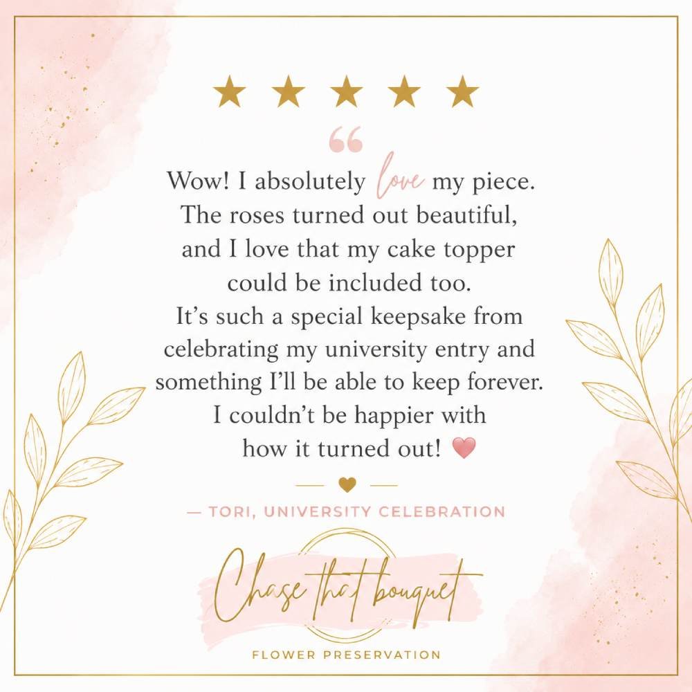 A quote on a light pink and white background with gold accents and floral designs, expressing happiness about a cake topper for a university celebration.