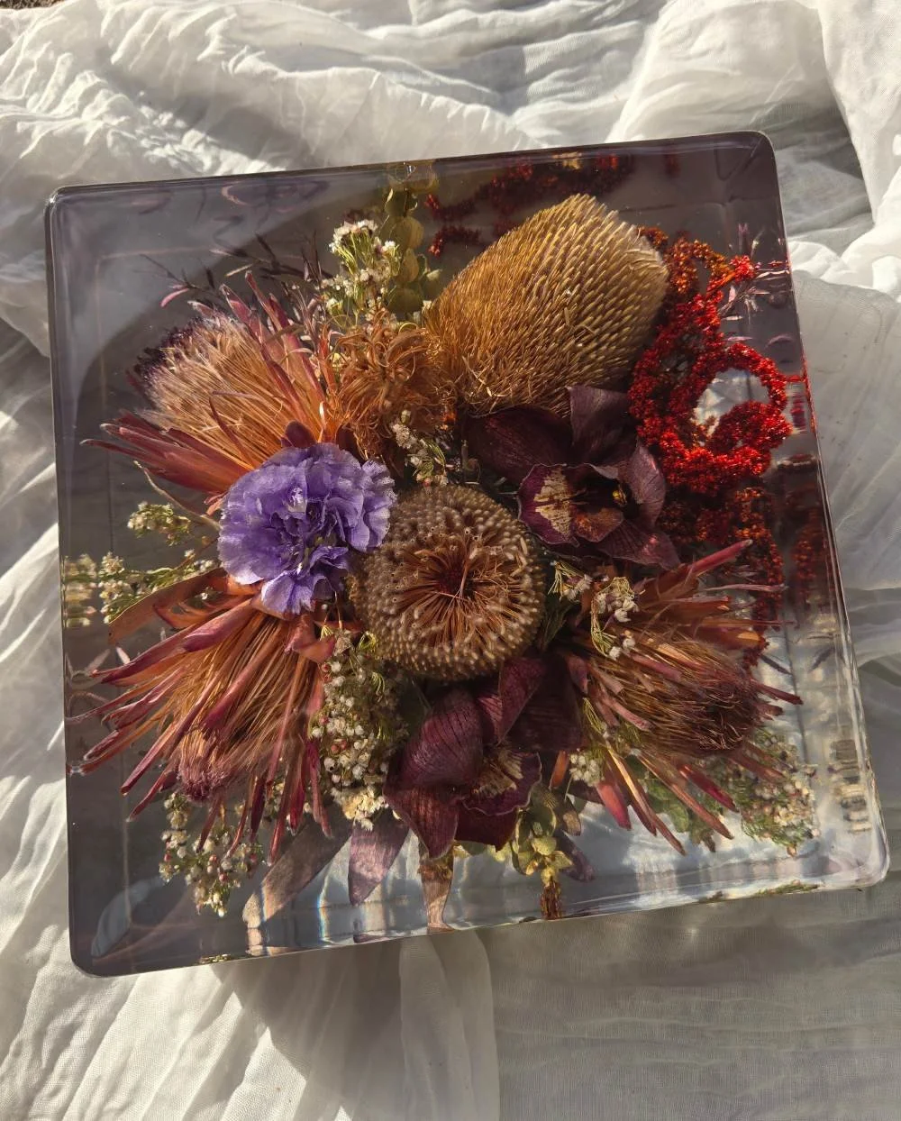 Arrangement of dried flowers and plants inside a glass rectangular box, with a draped light-colored fabric background.