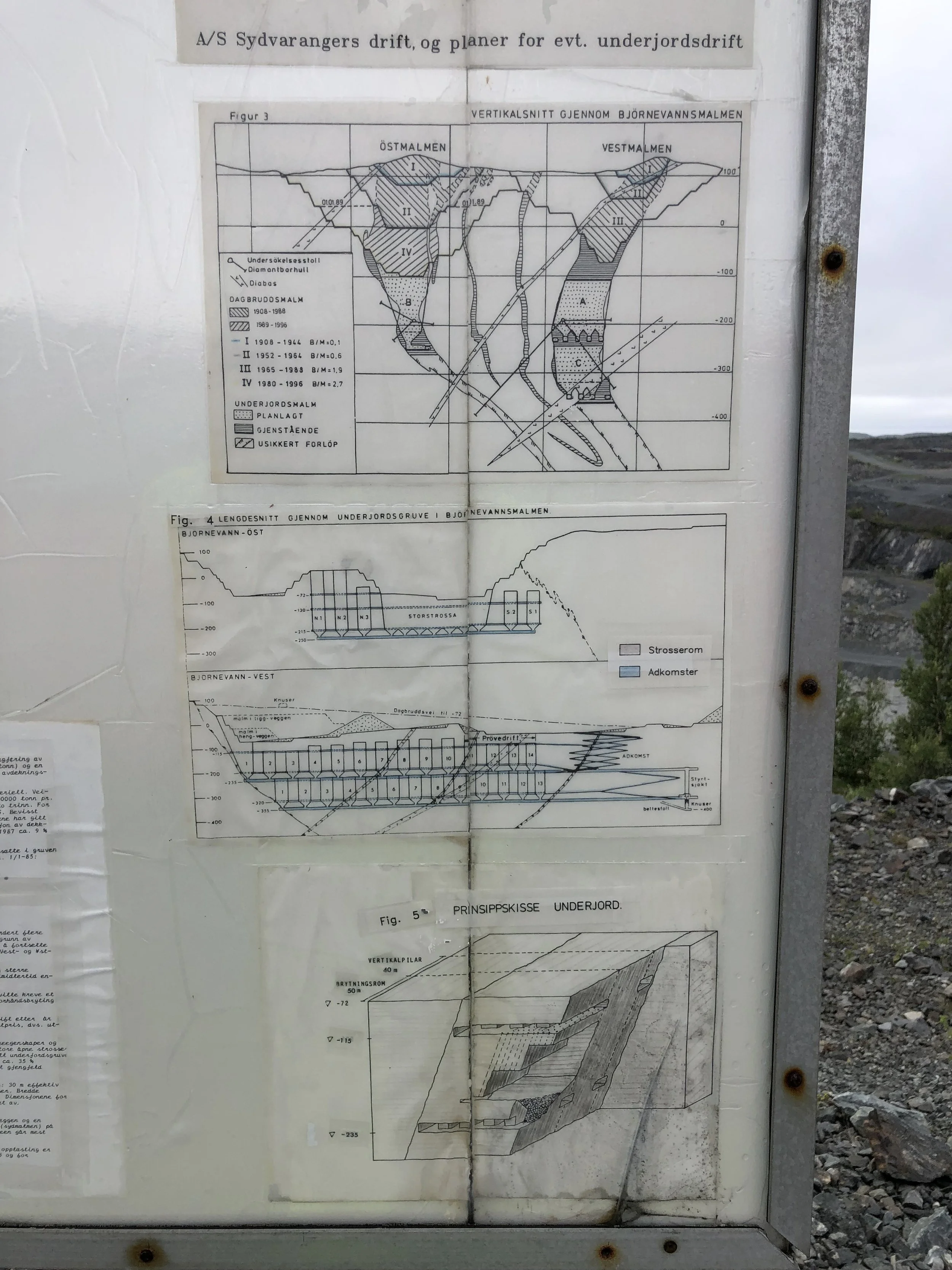 Riss over malmfeltene, Øst- og Vestmalmen øverst.
