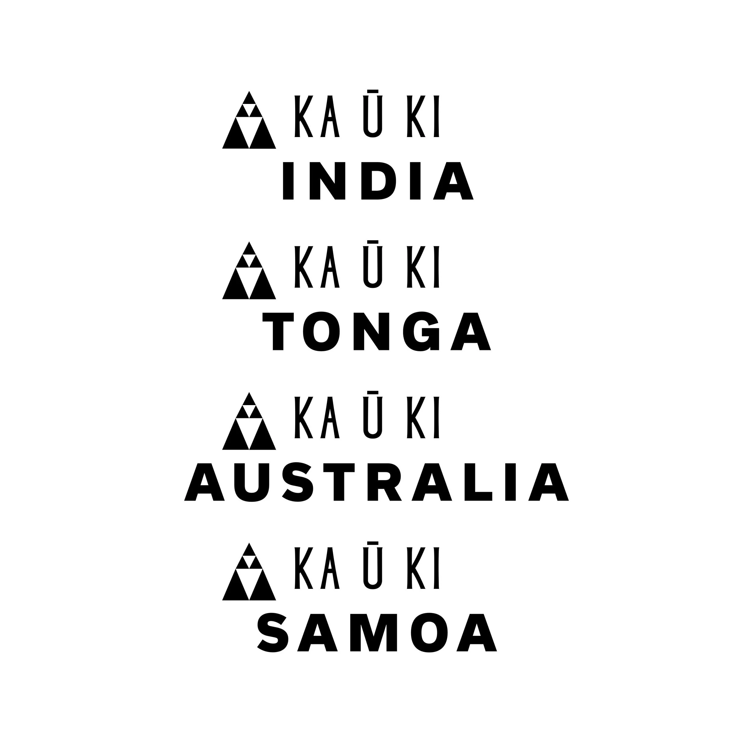 List of countries with each country's name preceded by a tribal design element, including India, Tonga, Australia, and Samoa, in black text on a white background.